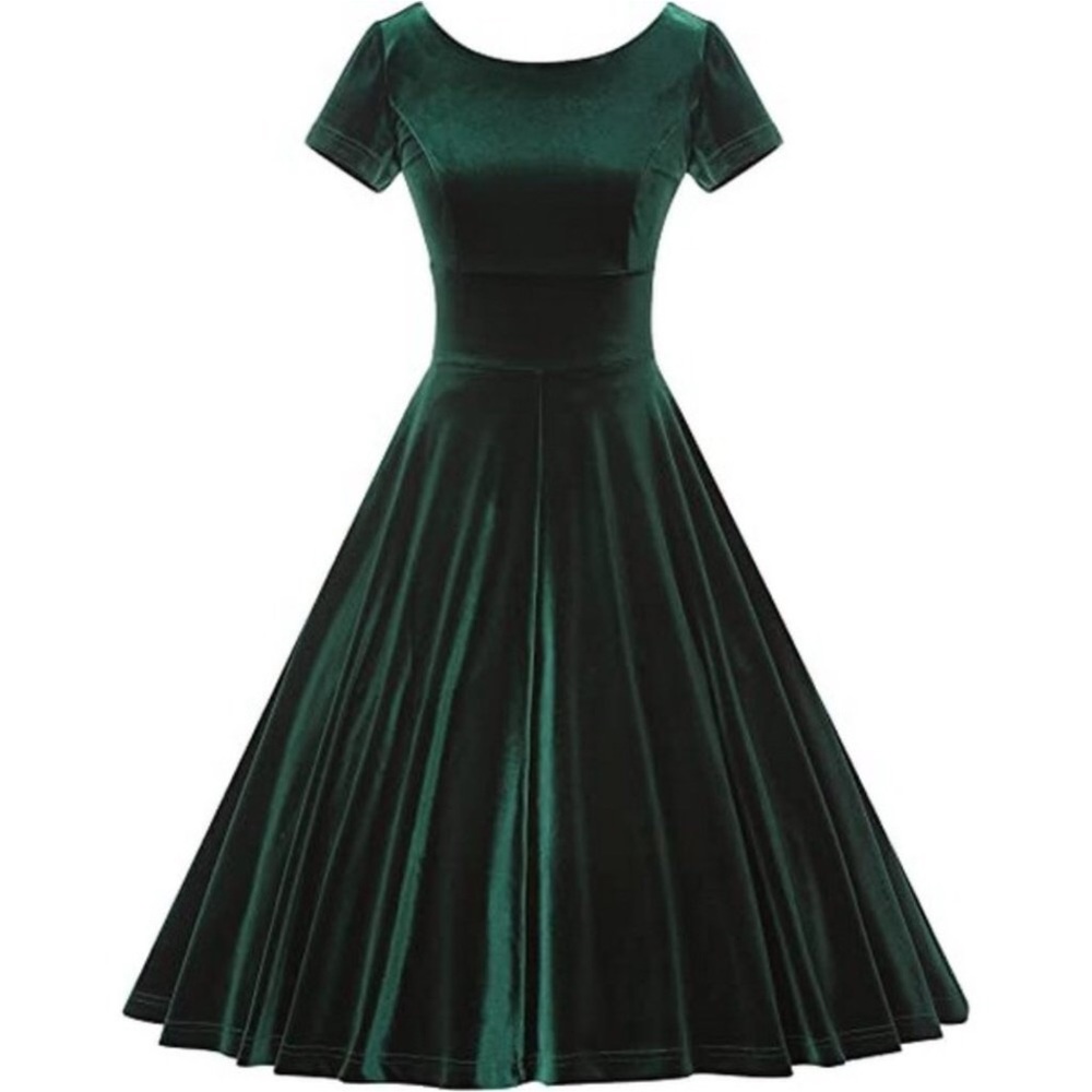 Women's Vintage Stretchy Dress w Pocket Velvet-Green